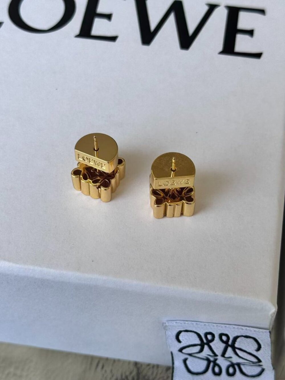 LOEWE Gold Tone Anagram Stud Earrings Logo Minimalist Classic